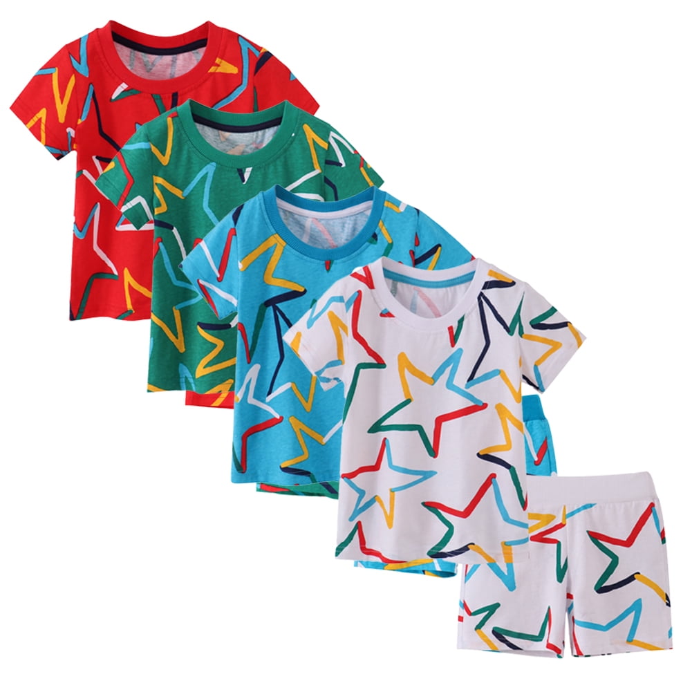 Summer Hot Selling Baby Kids Boys Short Sleeves Cartoon Pattern T-shirt and Shorts Clothing Set