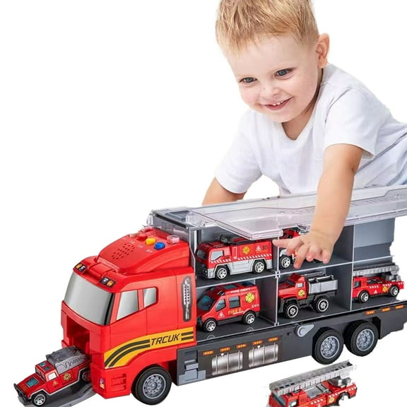 Esaierr Toddler Boys Fire Truck Vehicle Toys for Kids Boys Car Toys 3-7Y Alloy Mini Rescue Emergency Fire Engine Toys Simulation Cargo Car Toys with Sound Light Story Car Toys
