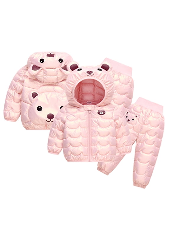 Toddler Boys Girl Snowsuit Outfit 2PCS Kids Puffer Cotton Winter Hooded Coats + down Cotton Pants Baby Windproof Skiing Suit Set 12M-5Y