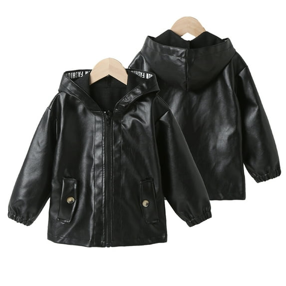 Esaierr Toddler Boys Girls Hooded Leather Jacket Baby Faux Leather Coat Padded Winter Warm Zipper Outwear for 1-6Y