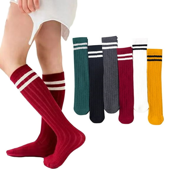 Esaierr Toddler Girls Cotton Mid-Calf Socks 3 Pairs Kids Vertical Bar Knee High Socks Baby Knee Sports Socks Spring Soft Thigh High Socks