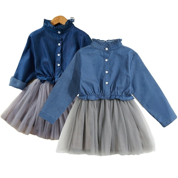 Esaierr Toddler Girls Jean Dress Kids Long Sleeve Tulle Dress Baby Denim Dress Autumn Winter for 2-8Y