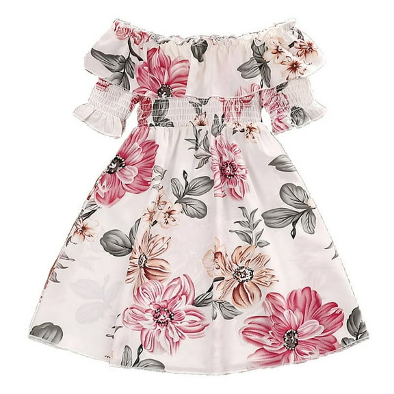 Esaierr Toddler Girls Princess Skirt Lace Short Sleeve Stitching Mesh Gauze Print Dress White 4-7Y