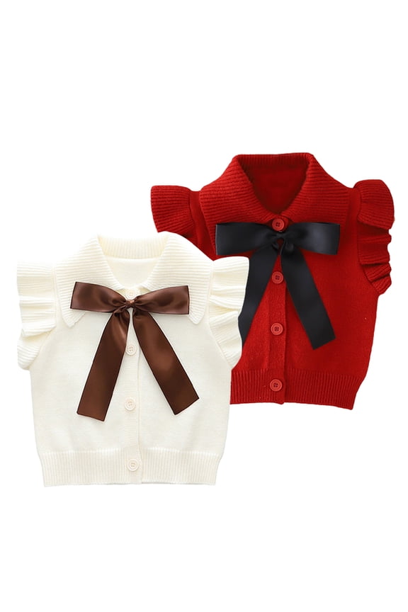 Toddler Girls Sweaters Vest Knitted Sleeveless Jacket for 1-5T Girls Ruffle Bowknot Cardigan Waistcoat Spring Fall