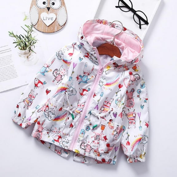 Esaierr Toddler Kid Baby Girl Jackets Autumn Cartoon Printed Outer wearwaist Hooded Windbreaker