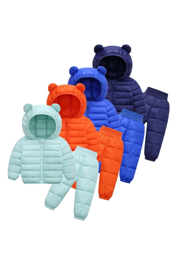 Toddler Kids 2Pcs Winter Hooded down Coat Pants Suit for Kids 9M-5Y Lightweight Puffer Bear Hoods Infant Outerwea+down Snow Pants Set