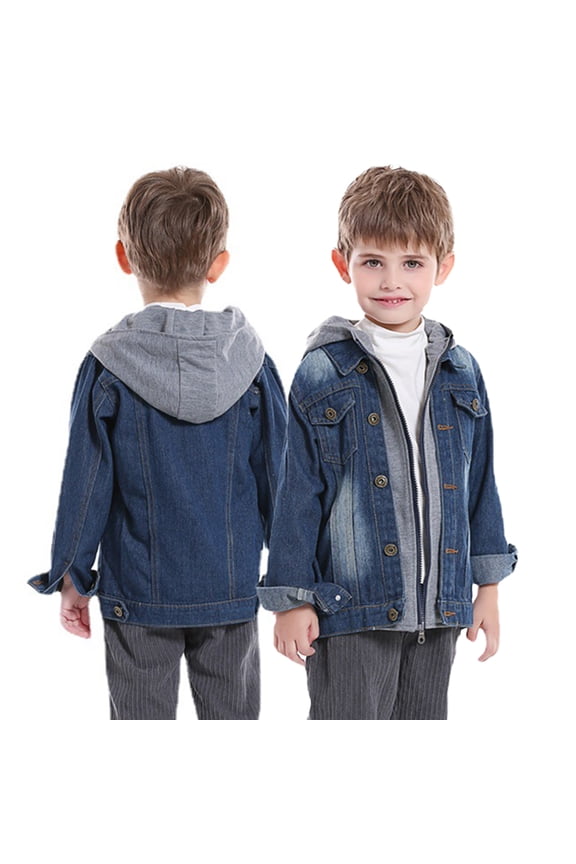 Toddler Kids Boys Denim Cardigan Jacket Hooded,Baby Long Sleeved Fake Two-Piece Set,Fall Winter Zipper Hooded,Button Denim Jacket for 6 Months-8 Years