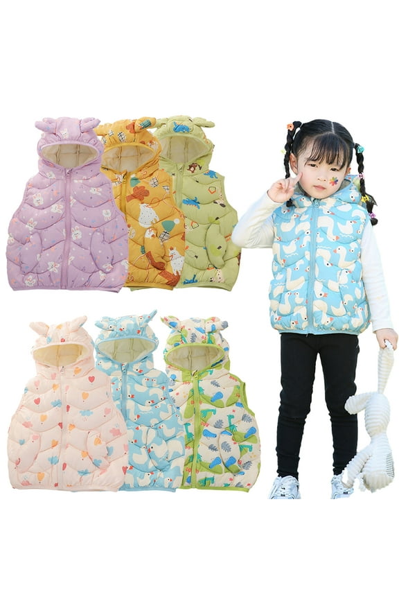 Toddler Kids Boys Girls Puffer Vest 1-6 Years Solid Color Down Cotton Sleeveless Jacket Ears Hooded Jacket Coat Fall Winter Warm Waistcoat Outerwear
