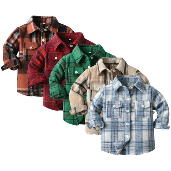 Esaierr Toddler Kids Boys Plaid Brushed Shirt Cardigan Tops,V-Neck Shirt Jacket,Fall Long Sleeve Buttons Dress Shirt for 6 Months-12 Years