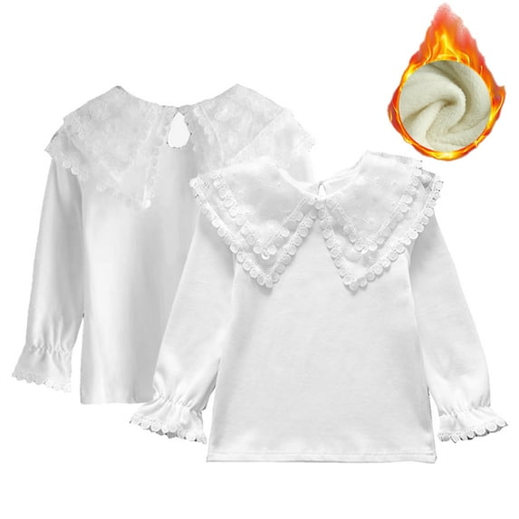 Esaierr Toddler Kids Fleece T Shirt Undershirt Long Sleeves Pullover Shirts Lapel Ruffle Fall Winter Princess T Shirt Baby Cotton Solid Soft Bottom Plush Top,Size 3-12Y