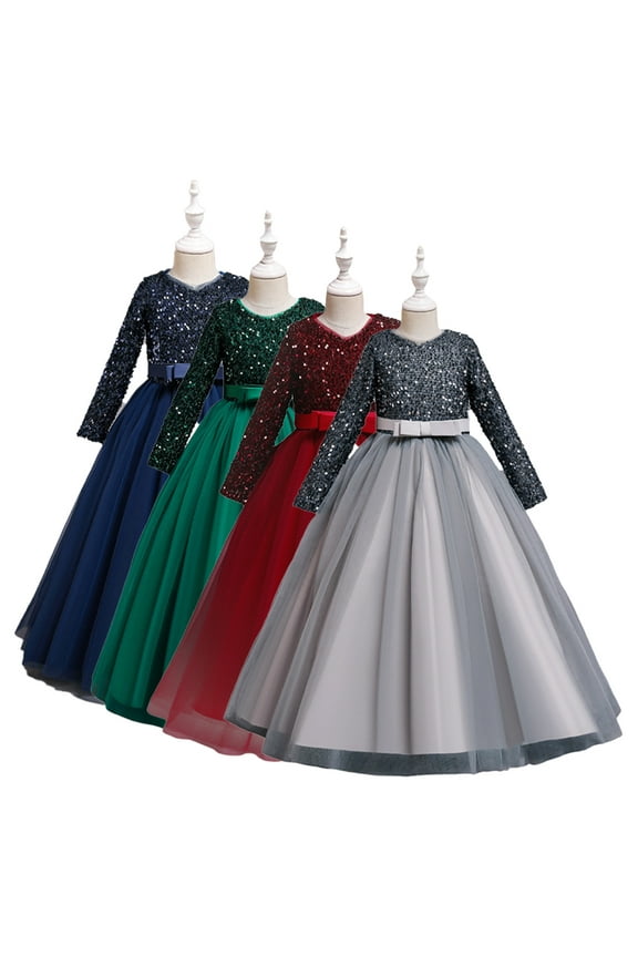 Toddler Kids Flower Girl Dress 4-12Y Kids Long Sleeves Christmas Birthday Party Dresses Sequined Pageant Ball Gown Bow Princess Dress Wedding Dress Mother of the Bride Big Girl Dresses