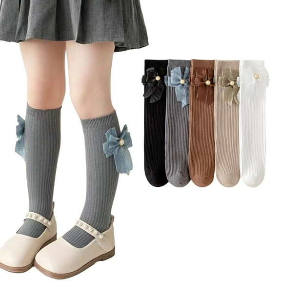 Esaierr 2 Pairs Toddler Girls Knee High Socks for Kids Long Stockings with Bow Soft Socks for 3-12Y