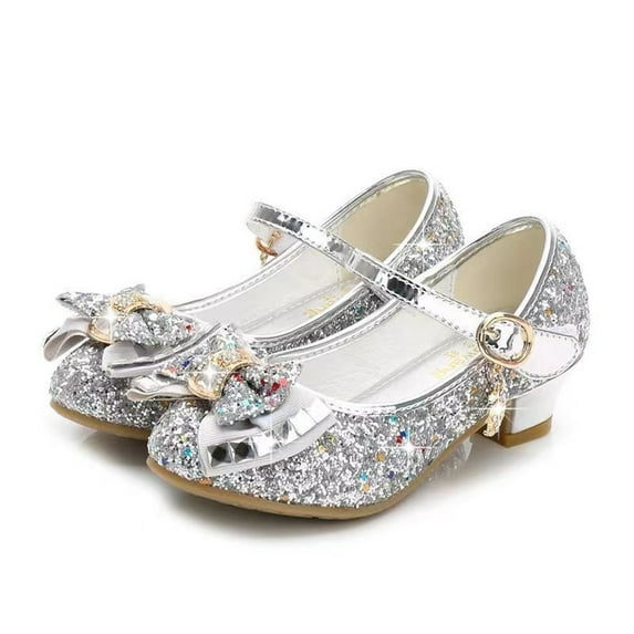 Esaierr Toddler Little Girls Bow Dress Shoes Sequins Princess High Heels Party Wedding Flower Girls Shoes for Kids