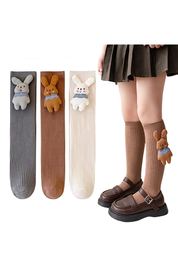 kids Girls Uniform Knee High Socks Toddler soft Cotton Socks with Bunny Comfort Girls Socks for 2 Pairs 3-12Y