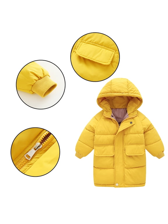 Toddler Kids Hooded Down Jacket Mid-Length Winter Coats for Boys Girls 2-9Y Flat Pockets Casual Solid Colour Cotton Coat Tops Padded Outerwear Winter