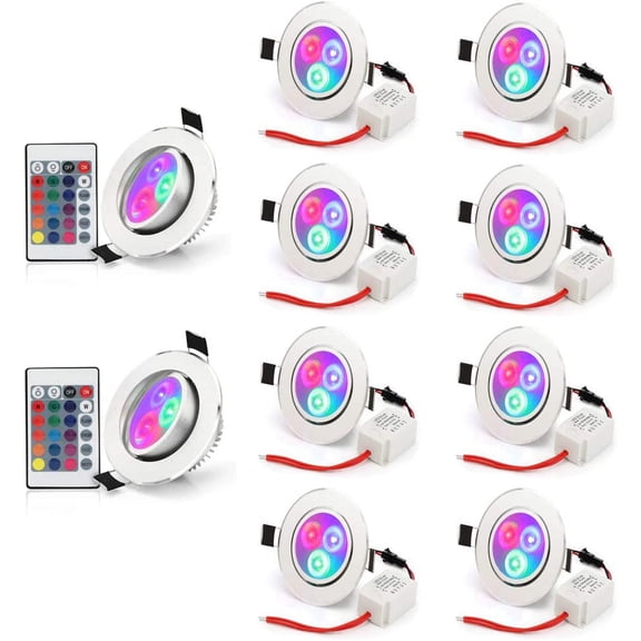 Esbaybulbs Pack of 10 LED Color Changing Recessed Lighting 3W RGB Downlight Ceiling Light with Remote Control