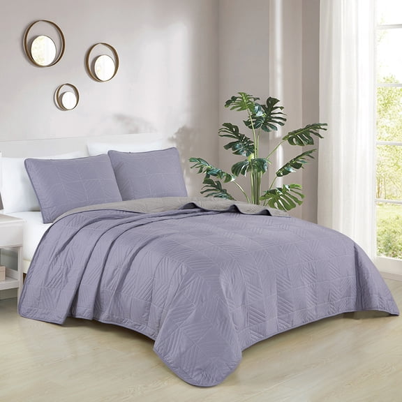 Esca Modern Purple Solid Print Polyester Quilt Bedspread Coverlet, King Reversible (3 Piece)