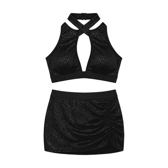 Collared Tri Top Bra & Mini Skirt Black LG