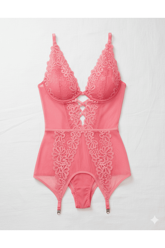 Bustier w/Underwire Cups, Lace Panty & Hose Coral XL