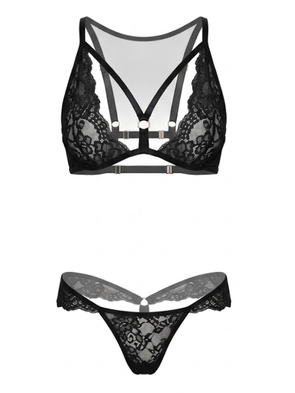 Lace Bra and Flutter G-String 2-Piece Set, Black/Gold, Medium/Large (Women's)