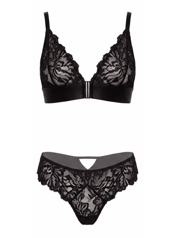 Lace Bra and Thong 2-Piece Set, Black, Medium (Women's)