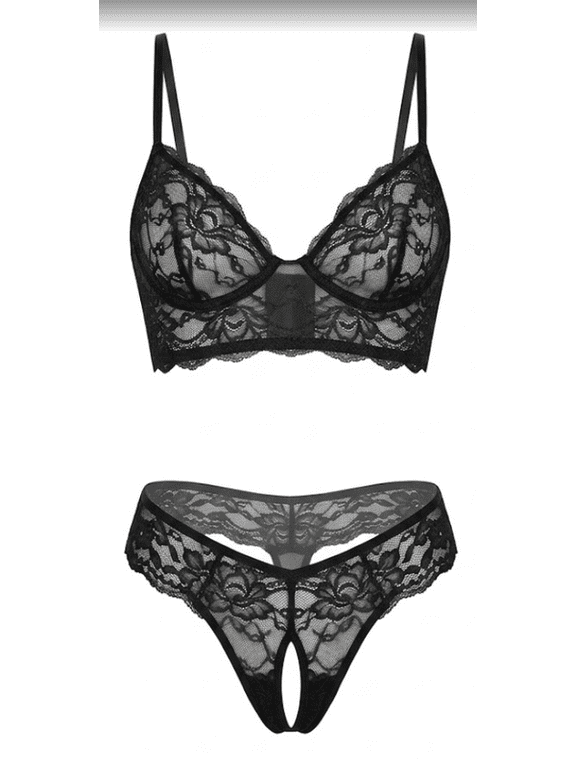 Lace Reversible Bra and Thong 2-Piece Set, Black, Medium/Large (Women's)