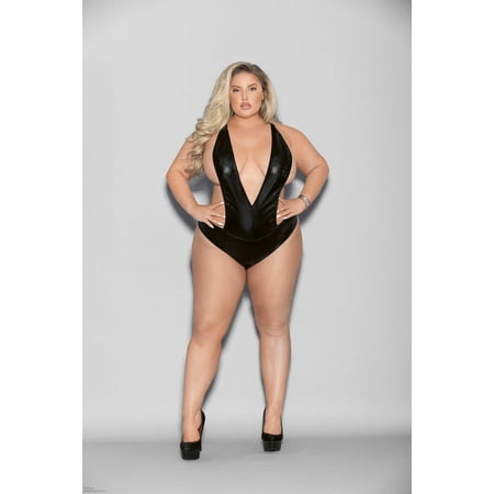 Escante Liquid Look Chain Back Open Crotch Teddy Nylon - Queen Size - Black