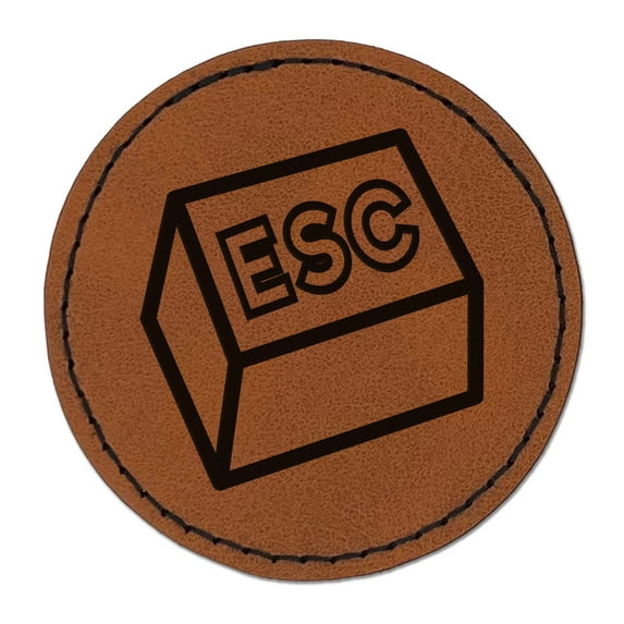 Escape Button Computer Keyboard Funny 2.5" Faux Leather Round Engraved Iron-On Patch - Brown