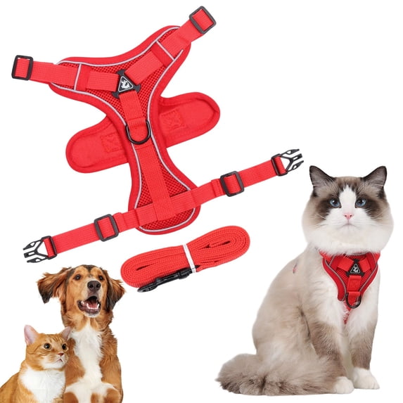 Escape Proof Cat Harness and Leash Set Reflective Adjustable Kitten Vest Harness Breathable Mesh No Pull Pet Harness 23x19 cm for Cats and Small Dogs Red