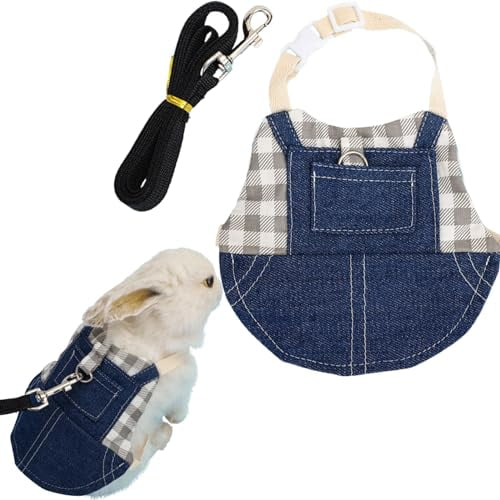 Escape-Proof Denim Rabbit Harness and Leash Set, Adjustable Suspender Vest Clothes for Guinea Pig Bunny Ferret Small Pets