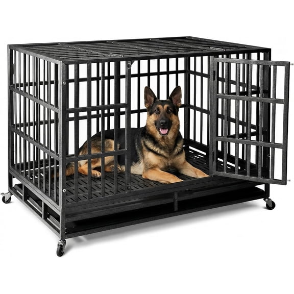 Escape-Proof Heavy Duty 48" Dog Crate, Indestructible Steel Kennel for Large & High-Anxiety Dogs, 300Lbs Capacity, Double Door, 4 Locking Wheels, Reinforced Baseplate.