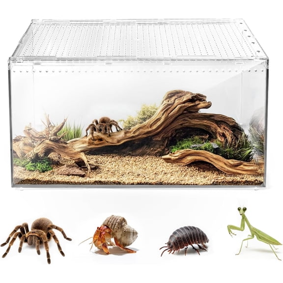 Escape Proof Reptile Terrarium,Shatter Proof Tarantula Tank with Magnetic Lid,Ventilated Spider Enclosure,360° Clear View,Easy Clean Habitat for Gecko,Frogs,Insects,Hermit Crabs