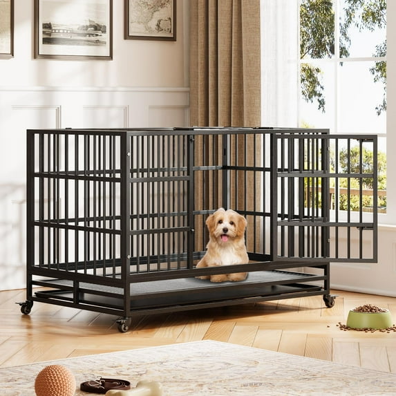 Escape-Proof Robust Pet Kennel, Double-Door Foldable Dog Cage with Casters & Pull-Out Waste Tray