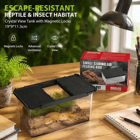 Escape-Resistant Reptile & Insect Habitat Crystal View Tank with Magnetic Locks, Advanced Ventilation for Cricket,Frog, Tarantula Enclosure, Lizard Cage & Hermit Crab Kit 19*9*11.5cm
