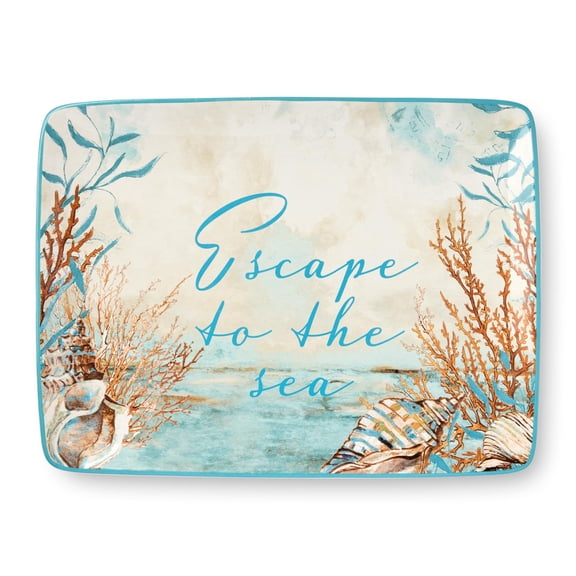 Escape to the Sea 16x12-Inch Rectangular Platter, Coastal Seashell & Coral Design, Durable Ceramic, Dishwasher Safe, Ocean-Inspired Serving Tray for Seafood, Vegetables & Desserts