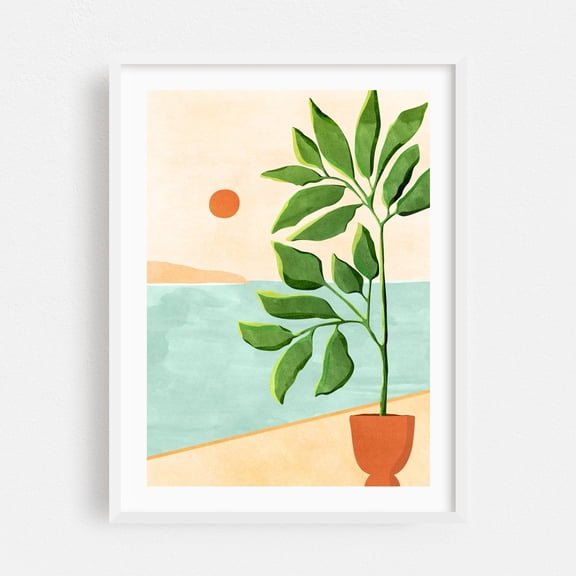 Escape To The Coast - Painting Botanical Minimalist Coastal Abstract Tropical Sunset Beach House White Framed Wall Art Print 5 x 7 inches