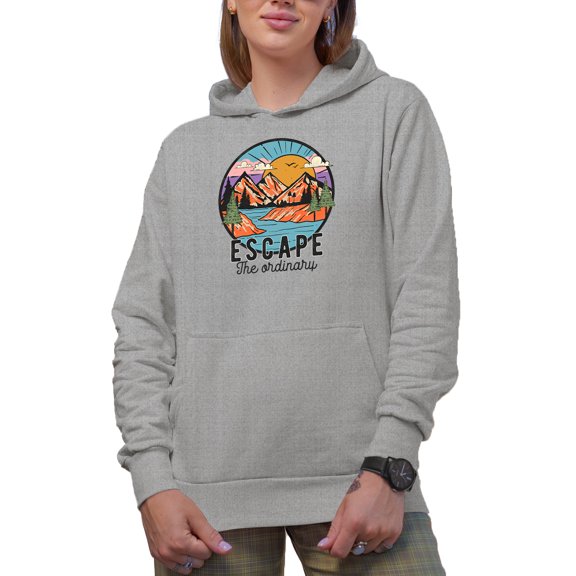 Escape the Ordinary Quote, Nature, Travel, Camping & Adventure Art Merch Gift, Heather Grey Hooded Sweatshirt or Hoodie, Small