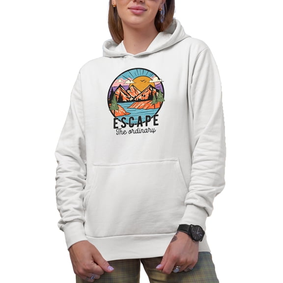 Escape the Ordinary Quote, Nature, Travel, Camping & Adventure Art Merch Gift, White Hooded Sweatshirt or Hoodie, 3XL