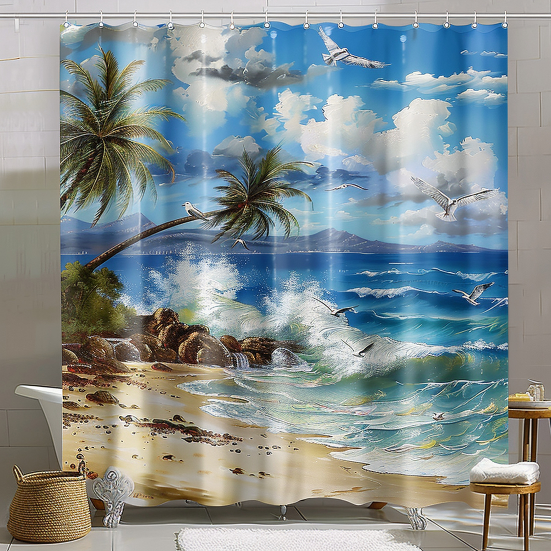 Escape to Paradise Ocean View Shower Curtain with Palm Trees Waves and