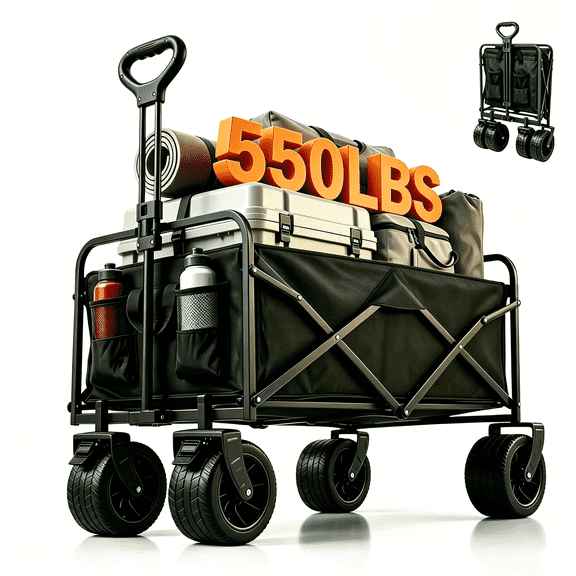 Escaped Hare Heavy-Duty Collapsible Wagon Cart with Brakes, 550 lbs Capacity All-Terrain Outdoor Utility Cart for Camping, Beach, Garden, Black