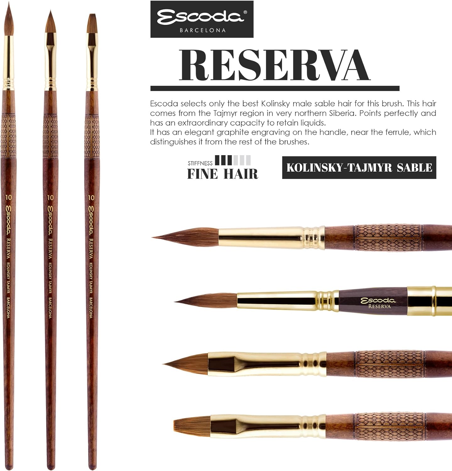 Escoda Reserva 1222 Series Artist Watercolor Short Handle Paint Brush, Filbert, Size 2, Pure