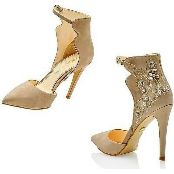 Esdra Lira Jewel Nude Suede High Back Ankle Strap Fashion Dress Pumps Shoes (Nude Suede, 8)