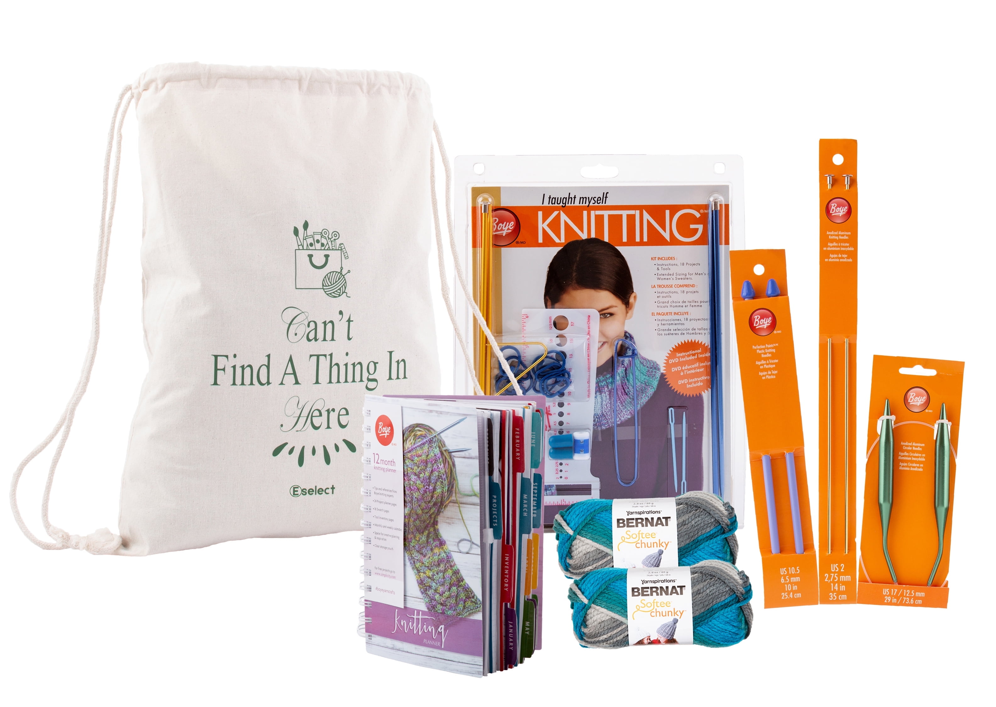 Eselect Knitting Bundle for Beginners - Boye Teach Yourself to Knit Kit, Bernat Softee Chunky Deep Waters Ombre Yarn, Craft Bag, Boye 12-Month Planner, Knit Needles, Carabiners & More