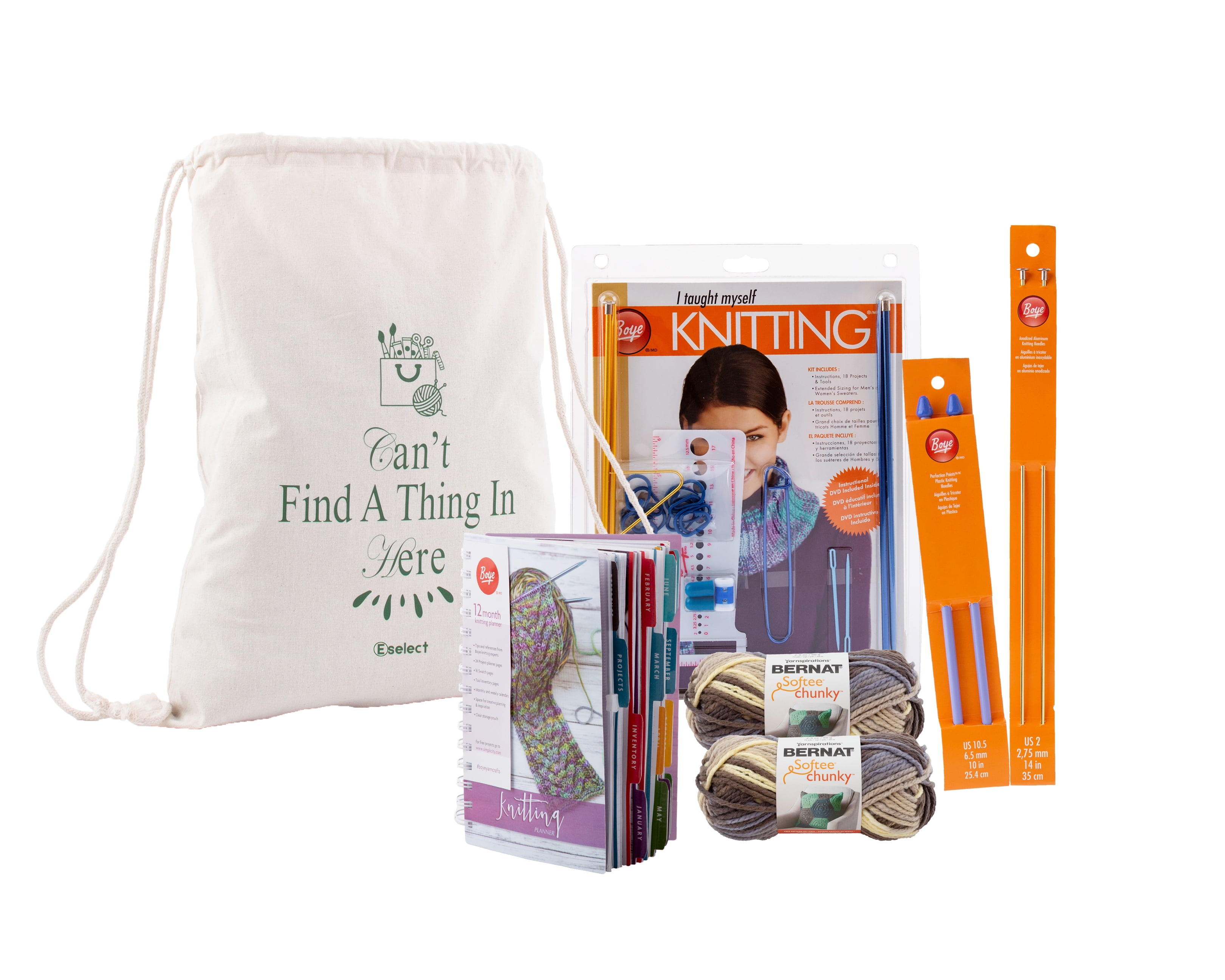 Eselect Knitting Bundle for Beginners - Boye Teach Yourself to Knit Kit, Bernat Softee Chunky Nature's Way Ombre Yarn, Craft Bag, Boye 12-Month Planner, Knit Needles, Carabiners & More