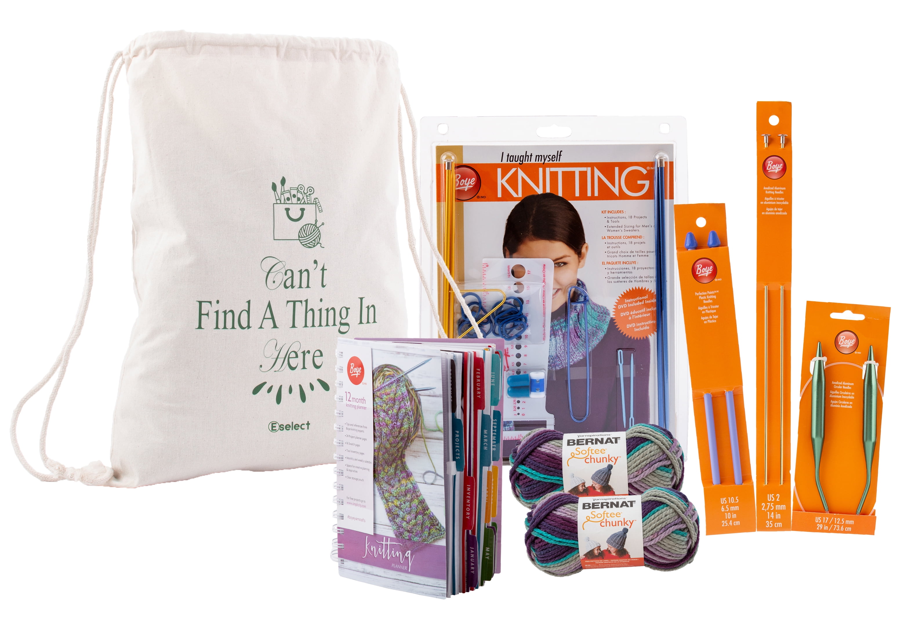 Eselect Knitting Bundle for Beginners - Boye Teach Yourself to Knit Kit, Bernat Softee Chunky Shadow Ombre Yarn, Craft Bag, Boye 12-Month Planner, Knit Needles, Carabiners & More