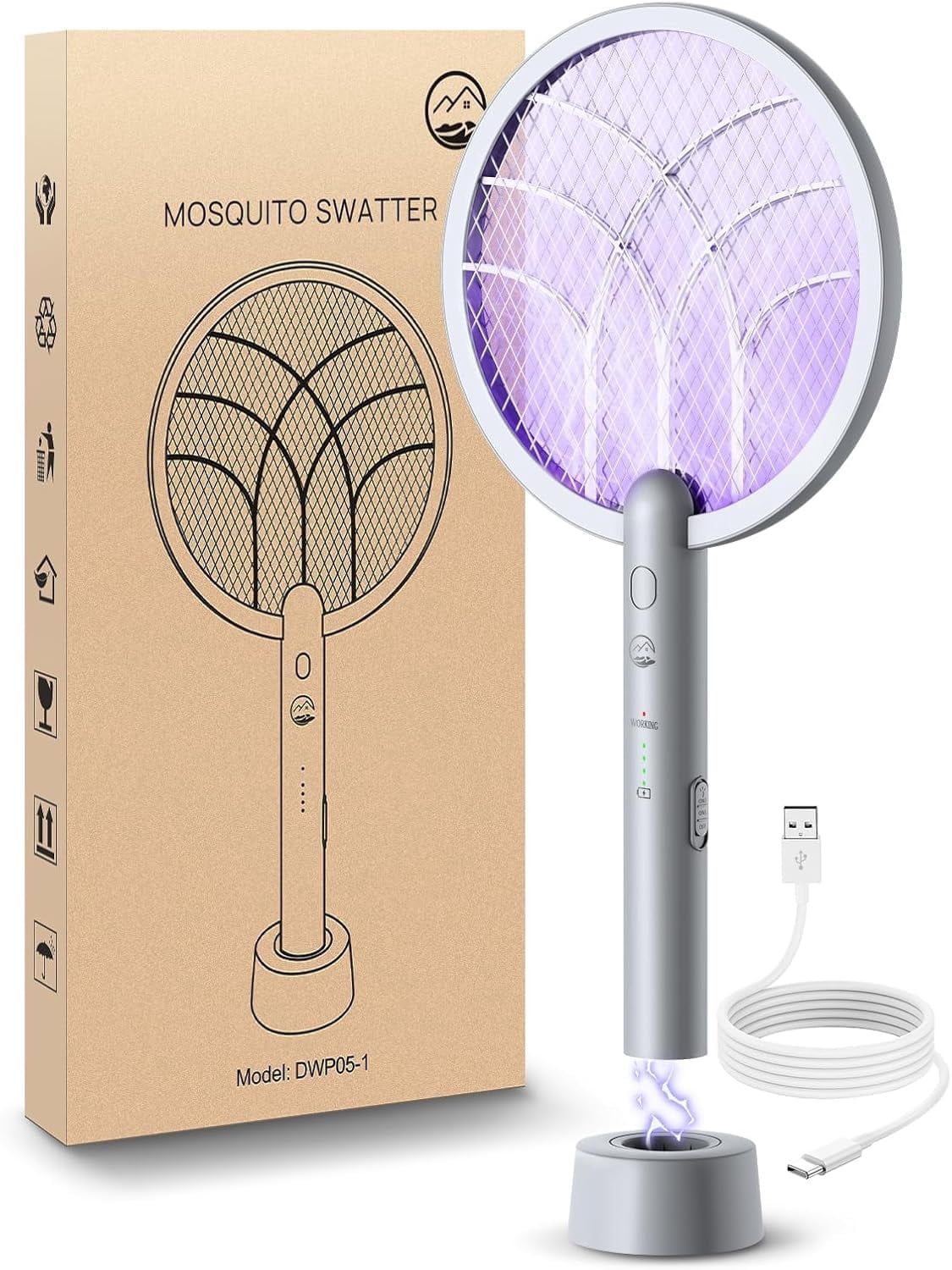 Esemoil Electric Fly Swatter Racket, 2 in 1 Smart Bug Zapper with USB Rechargeable Base, Powerful Mosquitoes Trap Lamp & Fly Killer with 3-Layer Safety Mesh for Home, Bedroom, Kitchen, Patio（1 Pack）