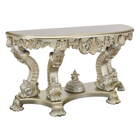 Esen 67 Inch Crescent Sofa Table Sideboard Console Carvings Antique Gold - Saltoro Sherpi