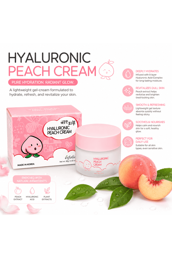 Pure Skin Hyaluronic Peach Cream Moisturizing Face Cream with 8-Layer Hyaluronic Acid Complex & Peach Extract, 2.82 oz (80g), Made in Korea