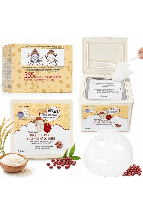 Pure Skin Rice Red Bean Essence Mask Sheet, 30 Daily Facial Sheet Masks, 13.53 fl oz (400 mL), Made in Korea