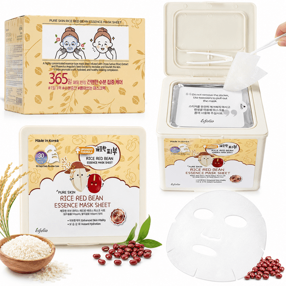 Esfolio Pure Skin Rice Red Bean Essence Mask Sheet, 30 Daily Facial Sheet Masks, 13.53 fl oz (400 mL), Made in Korea